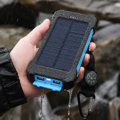 Waterproof Solar Charger held in one hand with water running off the body in the rain