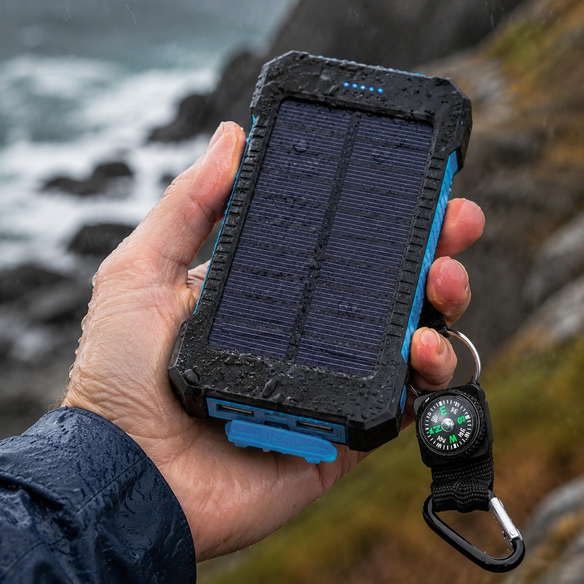 Waterproof Solar Charger held in one hand in light rain, water beading on the panel