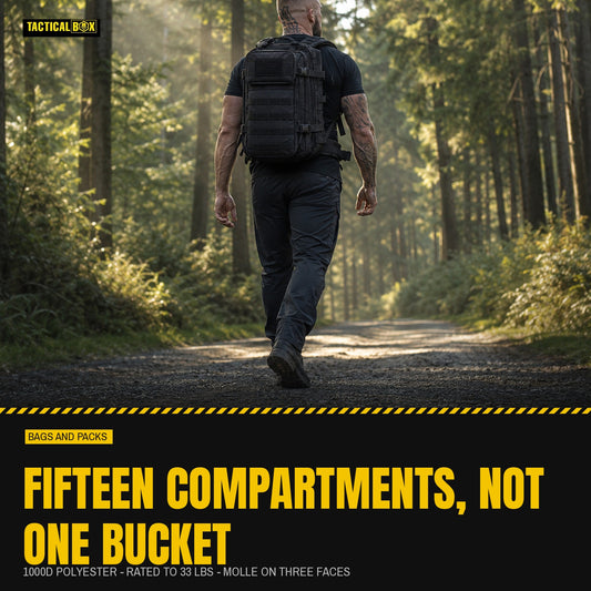 STRIKE 35 Backpack worn on a gravel forest road with the capacity figures alongside