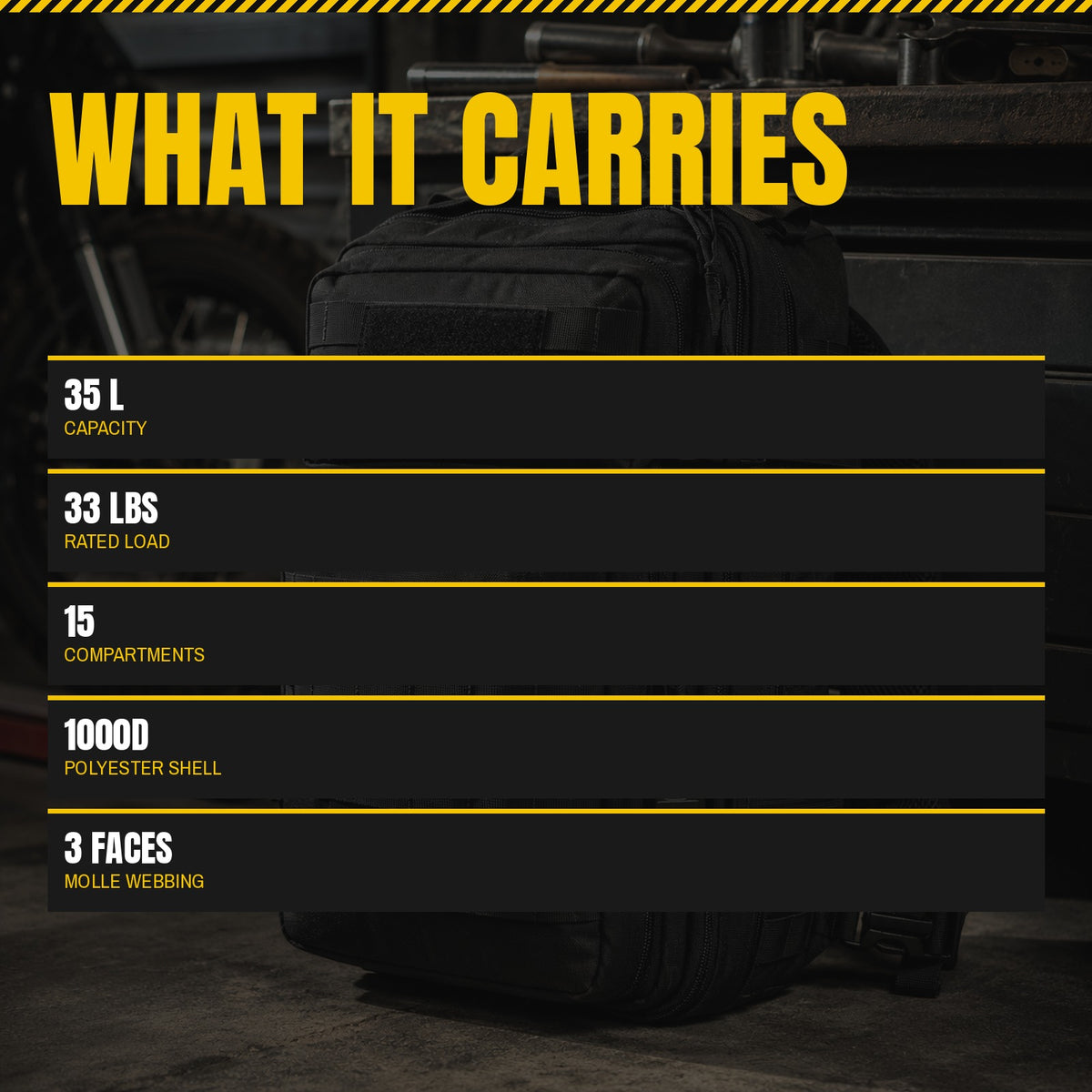 STRIKE 35 Backpack specification panel: capacity, rated load, compartments, shell and MOLLE