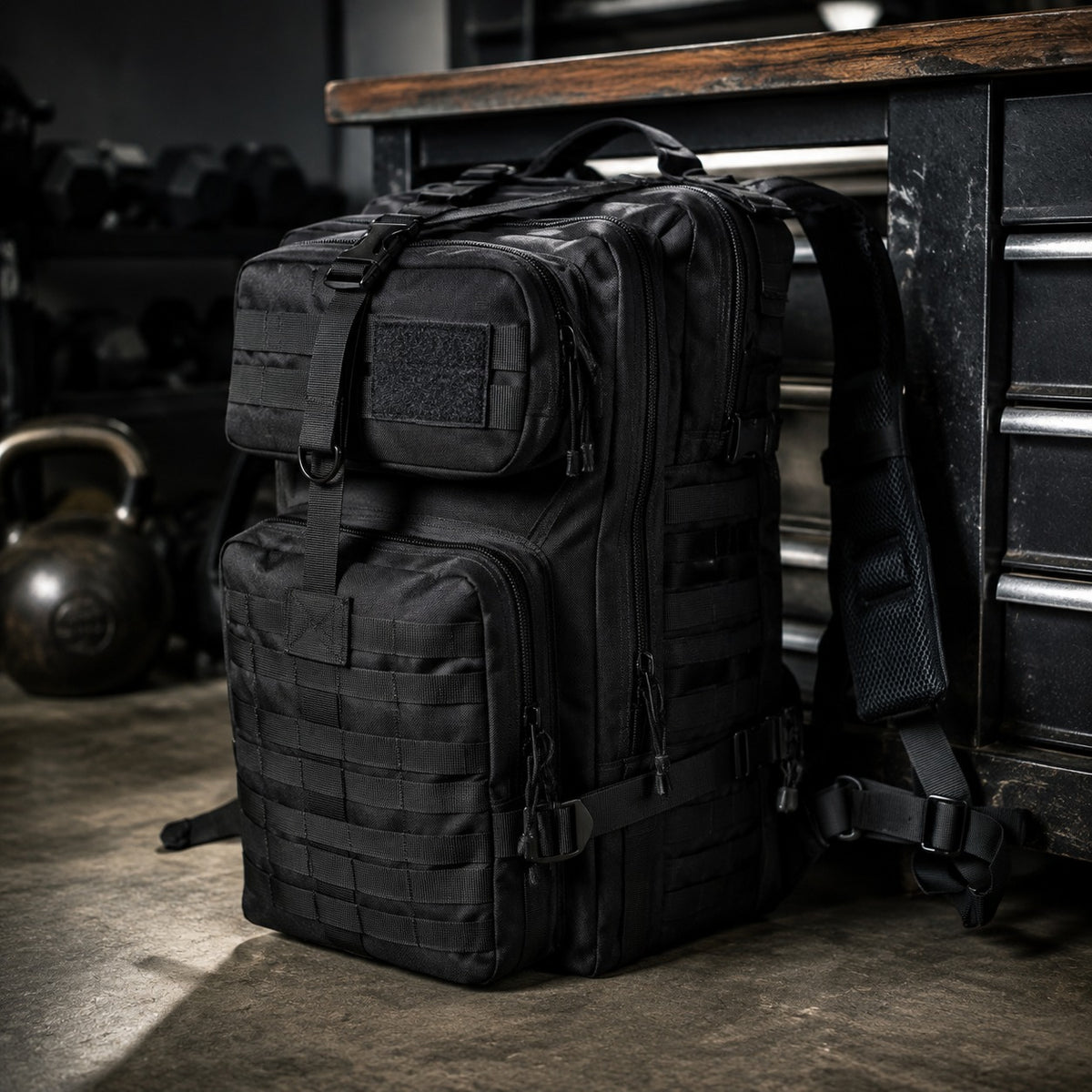 STRIKE 35 Backpack standing upright on a garage floor beside a workbench