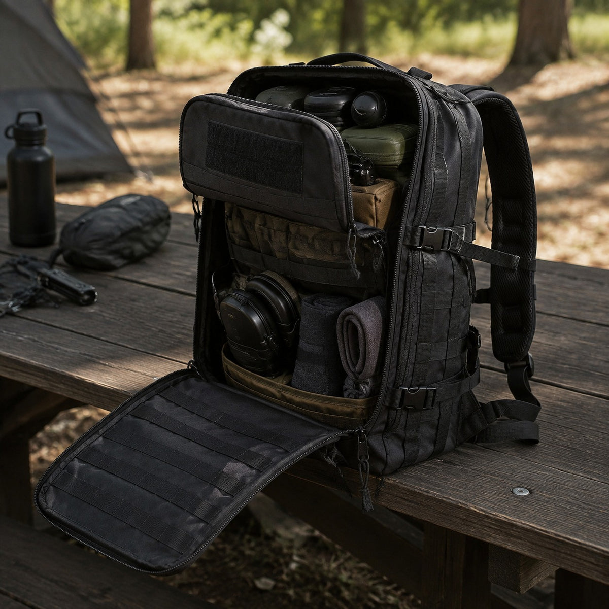 STRIKE 35 Backpack open on a picnic table at a campsite