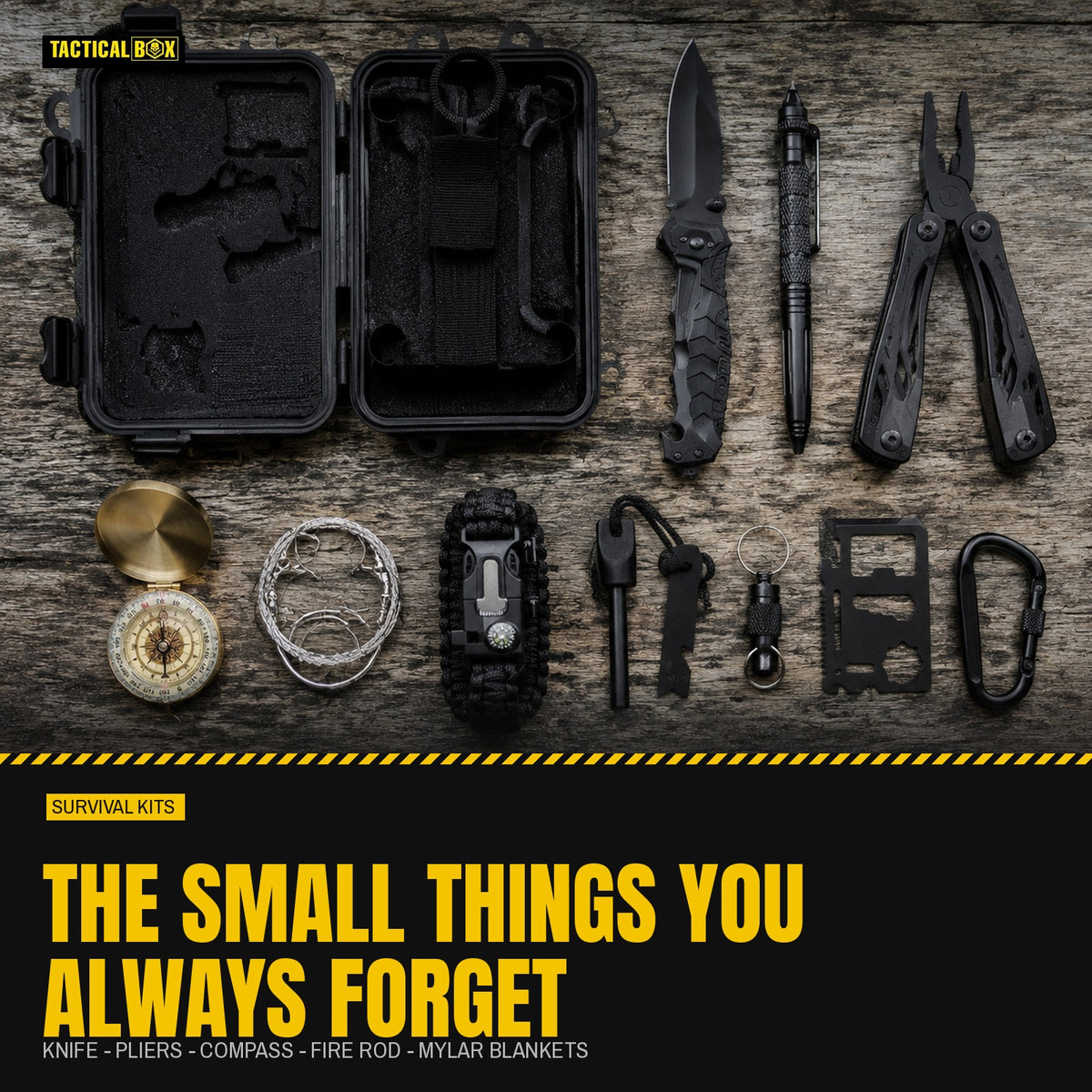 Camping Survival Kit contents laid out on barnwood with the item list alongside