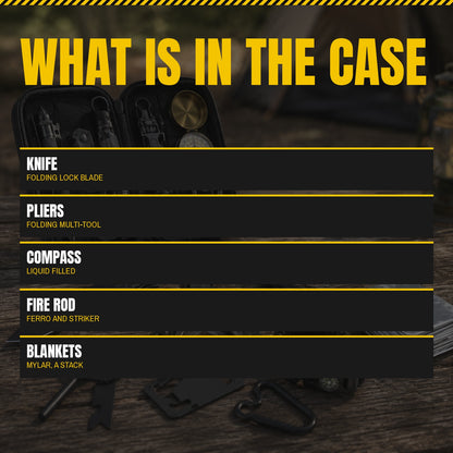 Camping Survival Kit panel listing the knife, pliers, compass, fire rod and mylar blankets