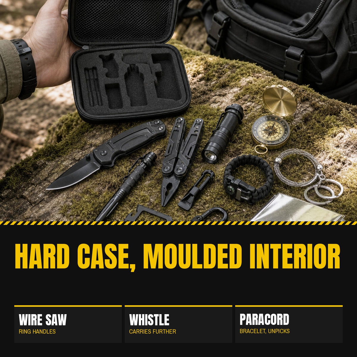 Camping Survival Kit case held open in one hand, showing the moulded interior and the contents on a log