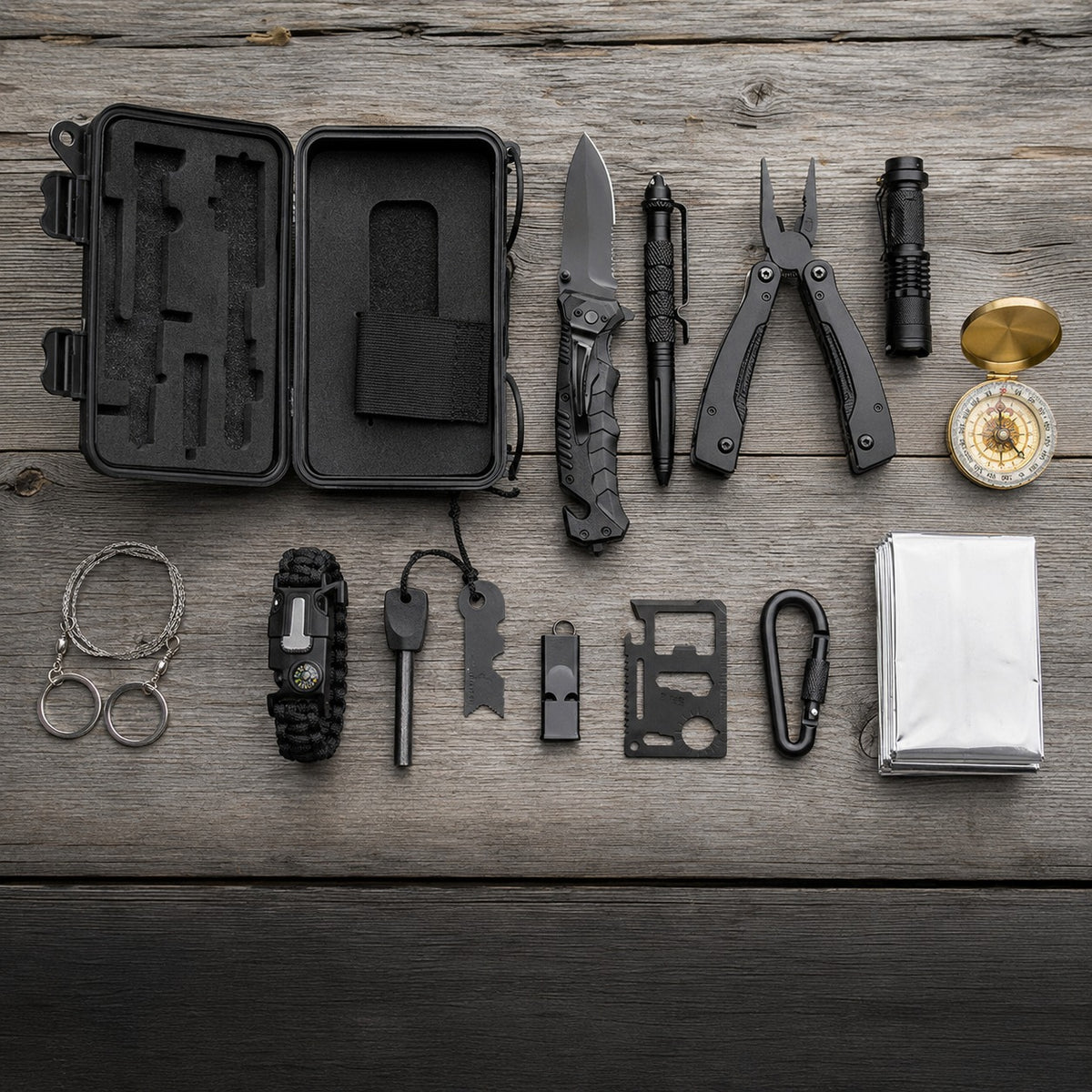 Camping Survival Kit contents laid out flat on weathered barnwood, everything visible