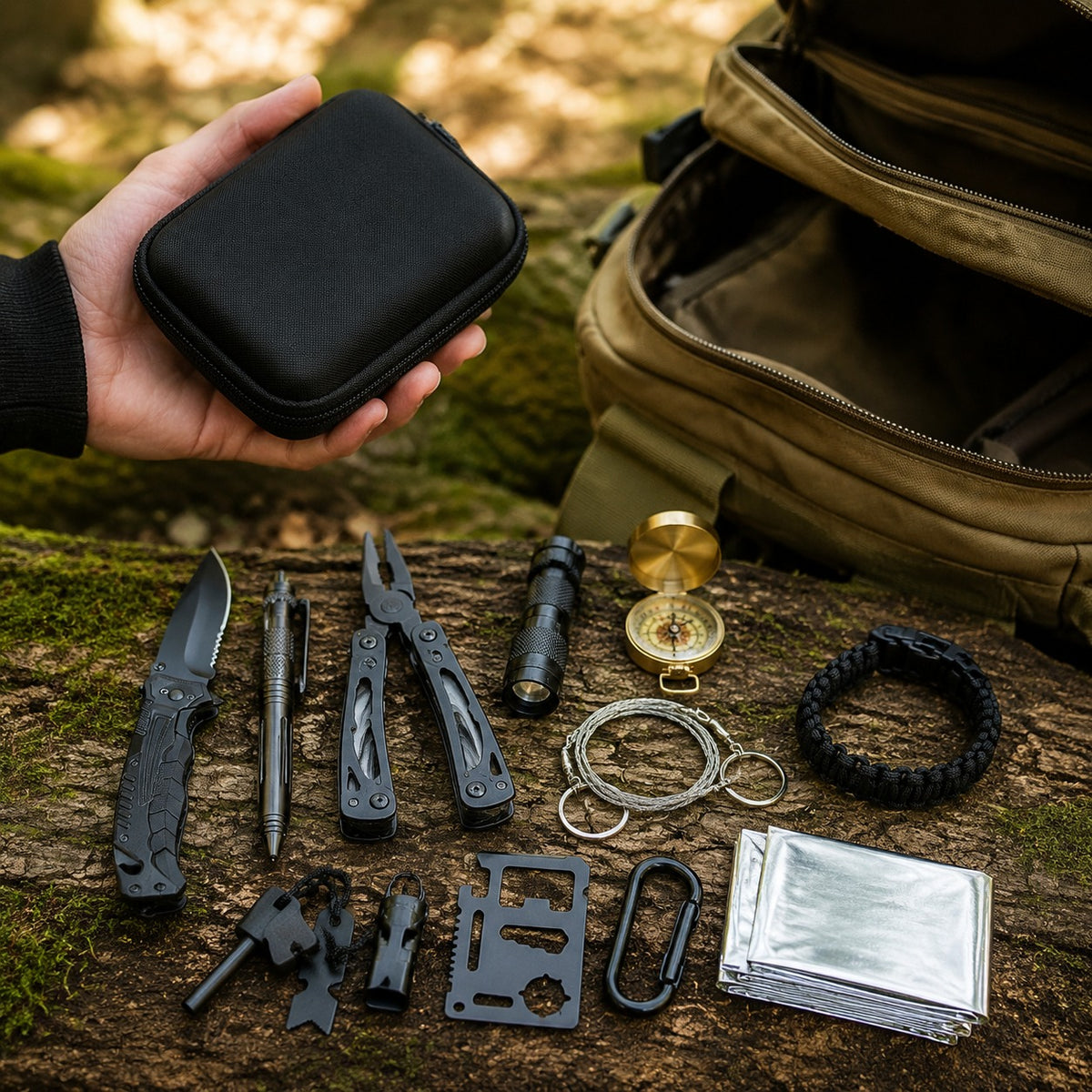 Camping Survival Kit case in one hand beside a daypack, contents laid out on a mossy log