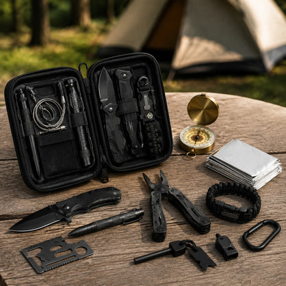 Camping Survival Kit open on a picnic table at a campsite with the contents beside it