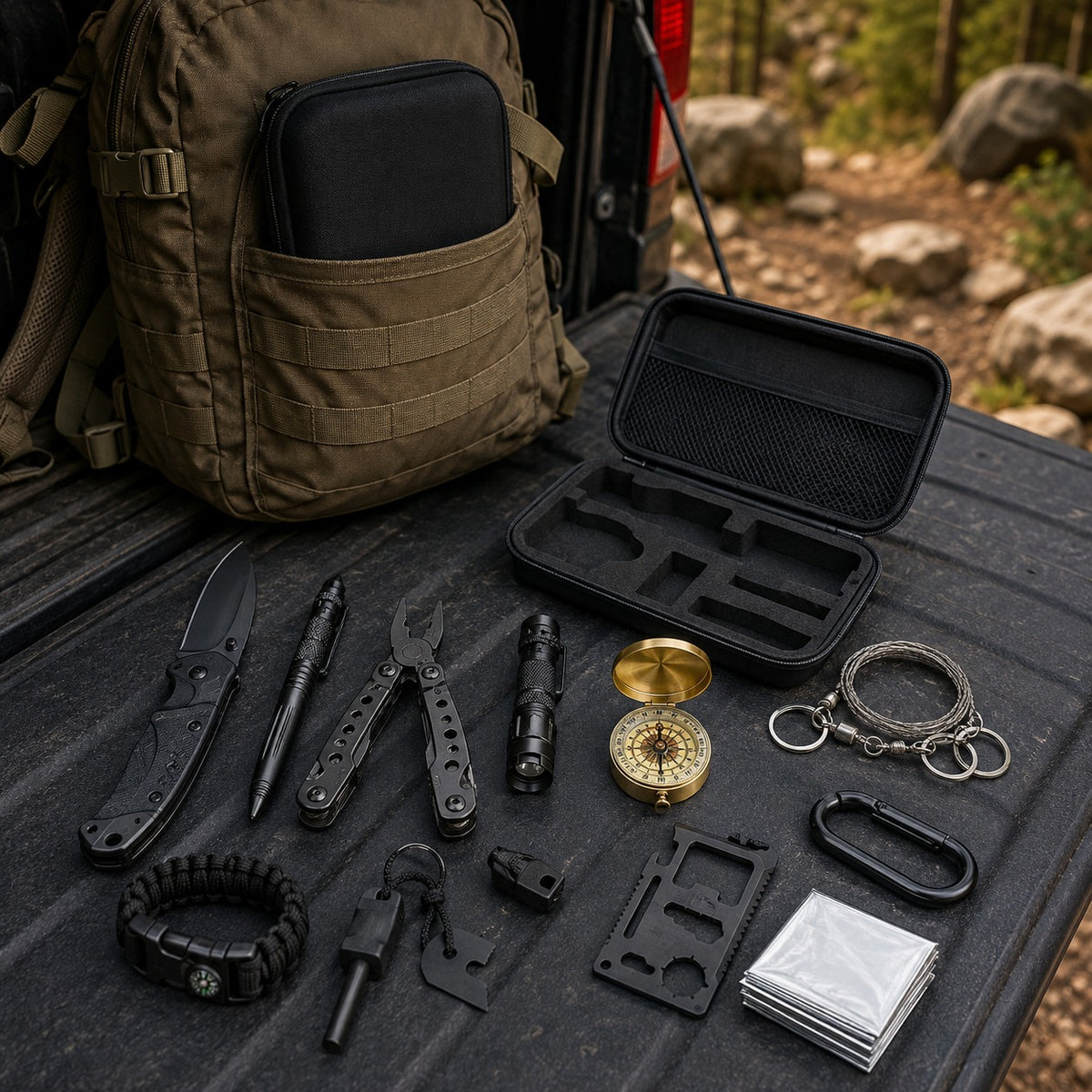 Camping Survival Kit case on a pack at a trailhead with the contents laid out on the tailgate