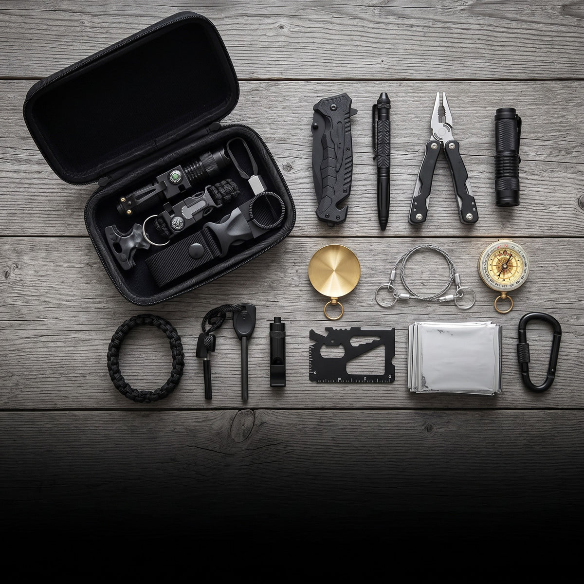 Camping Survival Kit case open on barnwood with the contents arranged around it