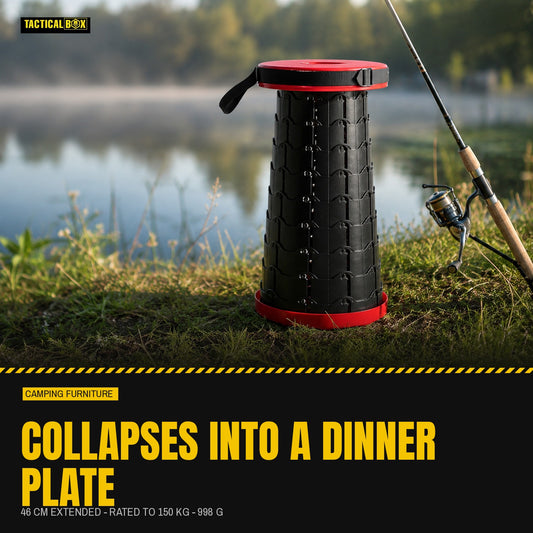 Retractable Camping Stool extended beside a fishing rod at a lake with the spec figures alongside