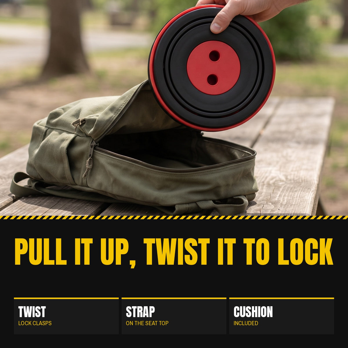 Retractable Camping Stool collapsed to a flat disc and held in one hand over an open pack