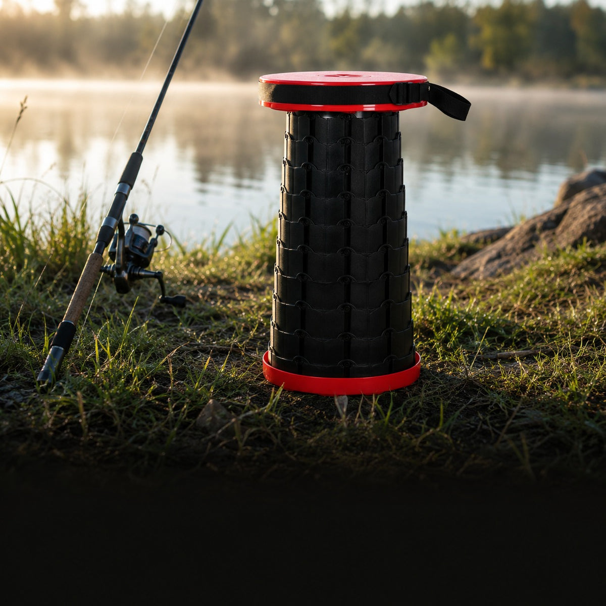 Retractable Camping Stool extended on grass at a lake edge in morning light