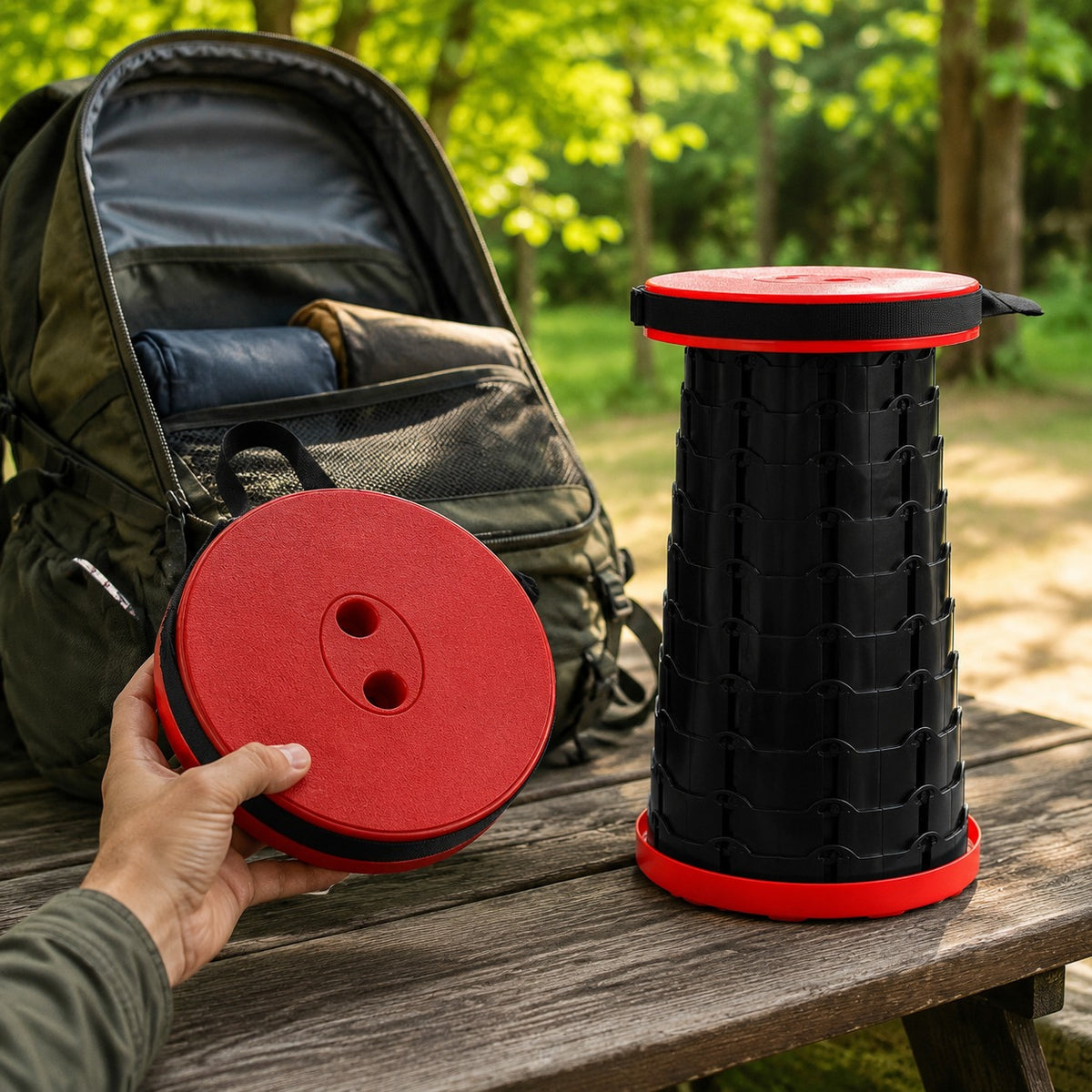 Retractable Camping Stool collapsed to a disc beside an open daypack