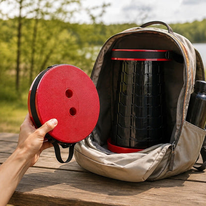 Retractable Camping Stool collapsed disc held next to a pack, showing how it stows