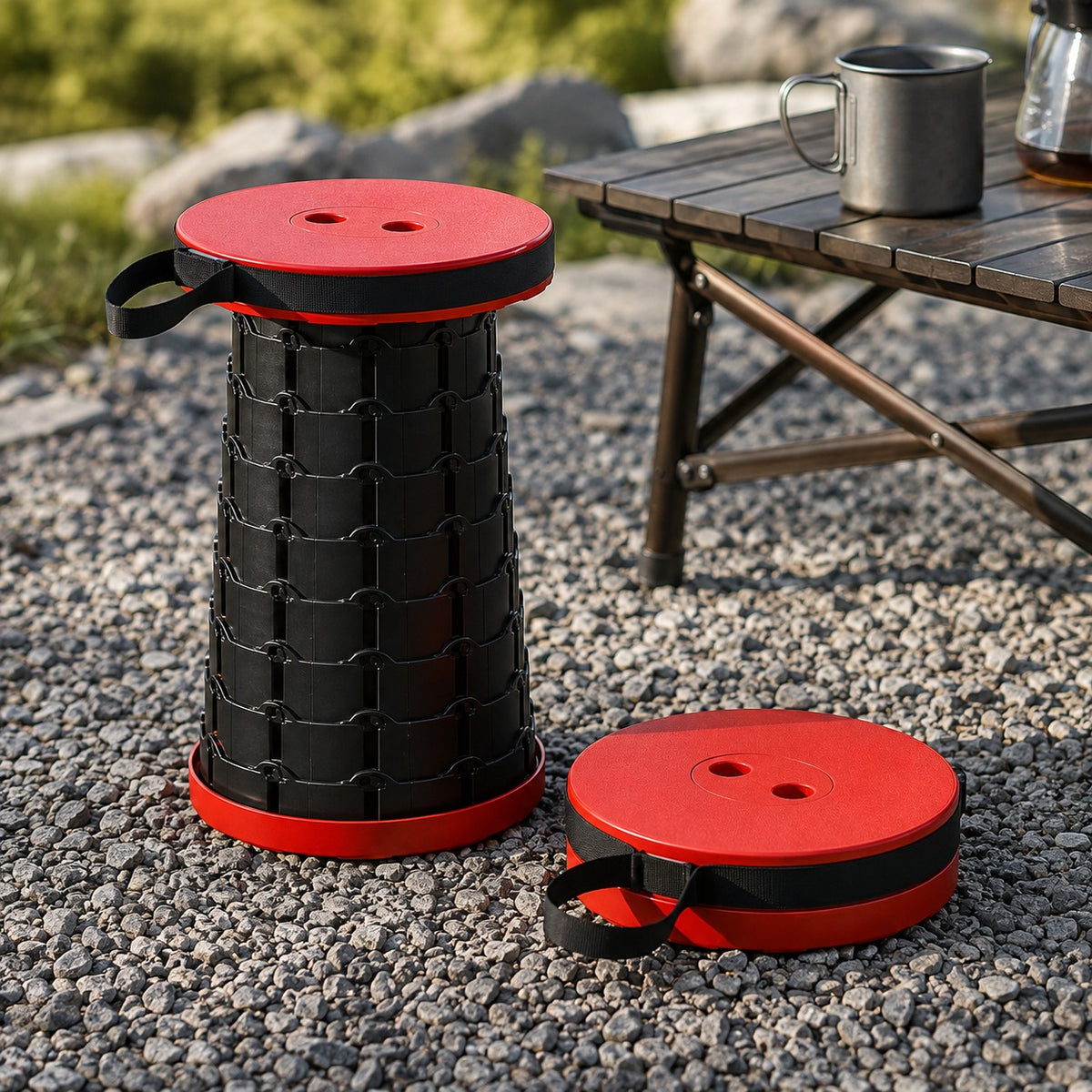 Retractable Camping Stool extended on gravel beside a camp table