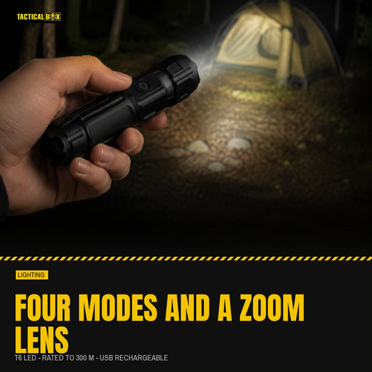 Tacright USB Flashlight held at a campsite after dark with the beam on the ground, spec figures alongside