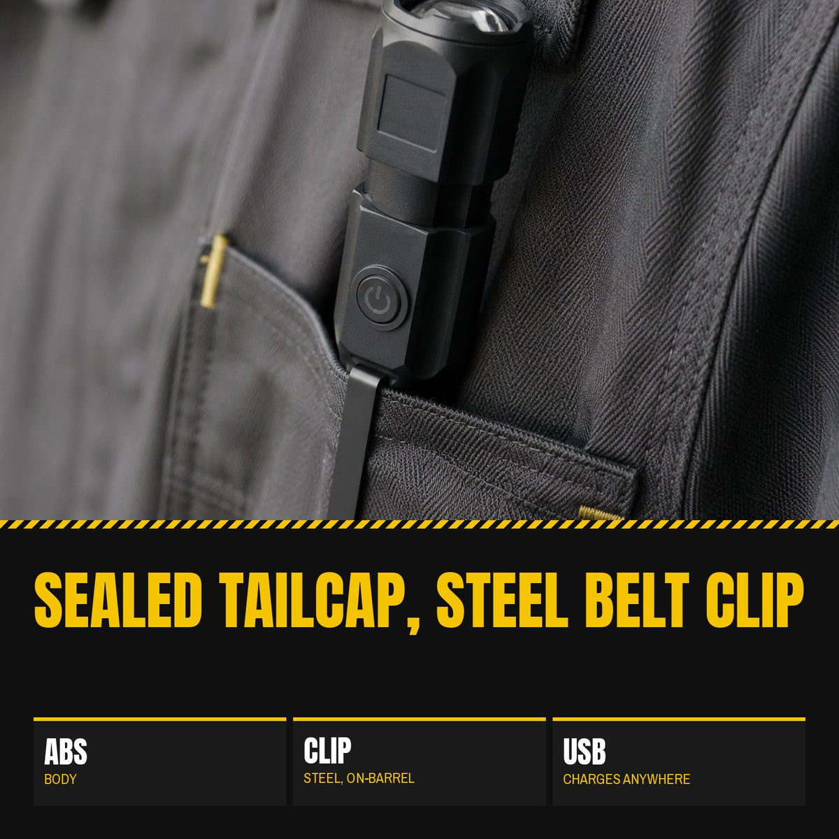 Tacright USB Flashlight clipped to the pocket of a work jacket