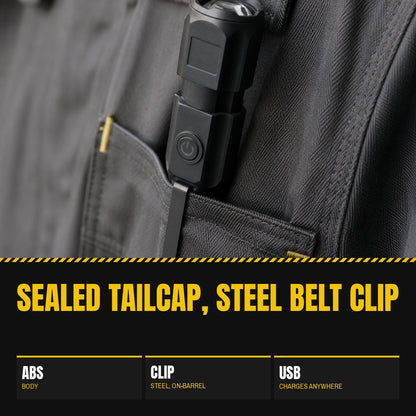 Tacright USB Flashlight clipped to the pocket of a work jacket