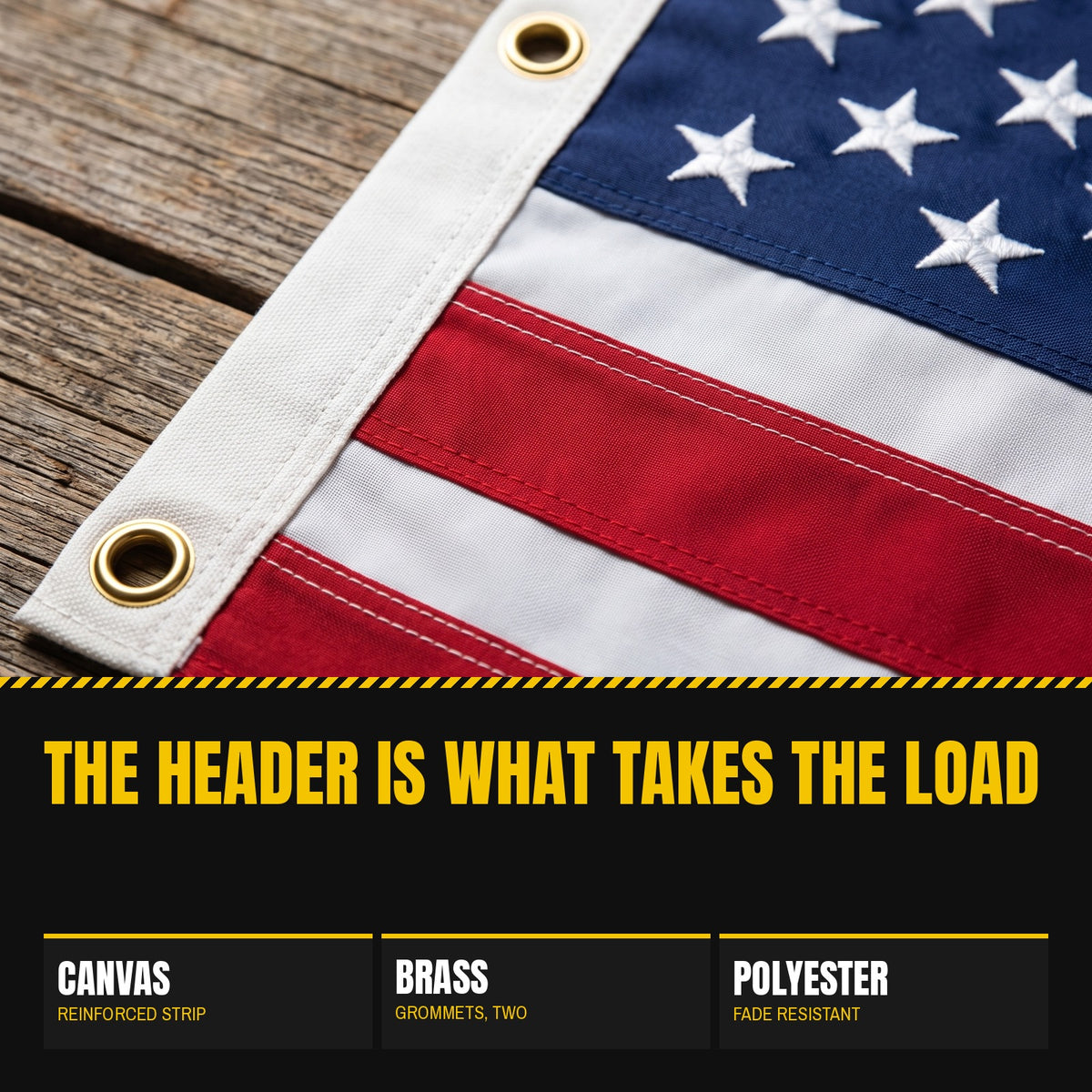 American flag corner showing the canvas header and a brass grommet close up