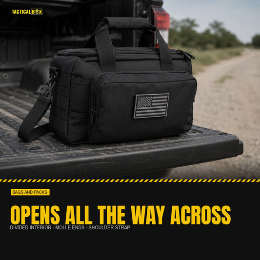 Gun and Utility Bag closed on a truck tailgate with its build details alongside