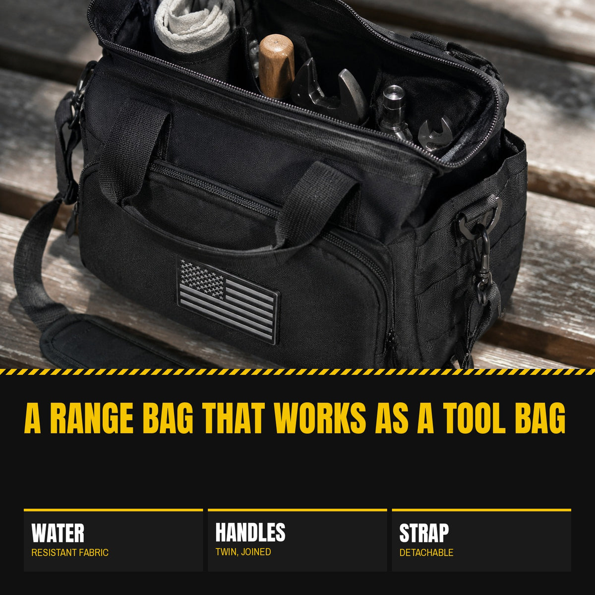 Gun and Utility Bag open on a bench showing the divided interior with tools inside