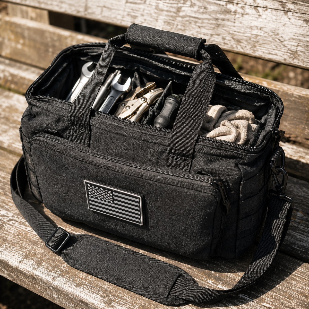 Gun and Utility Bag open on a weathered wooden bench, divided interior visible