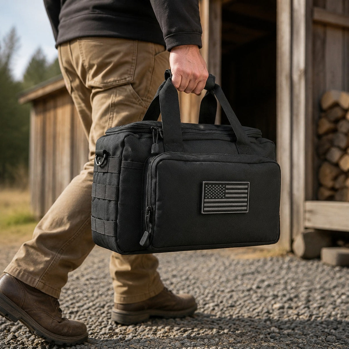 Gun and Utility Bag carried by its twin handles across gravel towards a timber shed