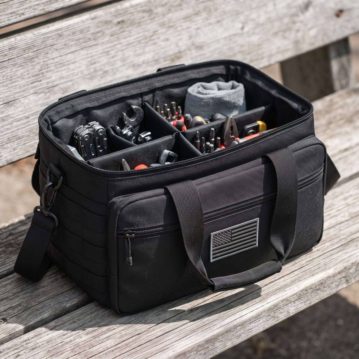 Gun and Utility Bag open showing the divided interior tray from above