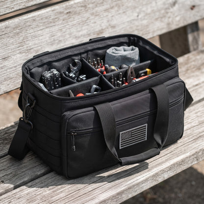 Gun and Utility Bag open showing the divided interior tray from above