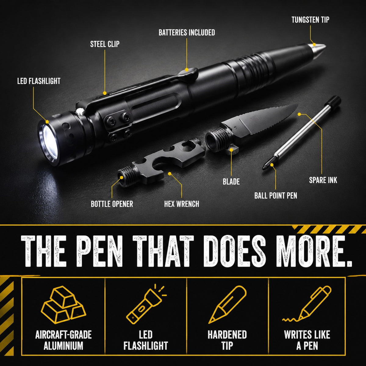 Strikepen Black tactical pen with accessory bits, features labelled