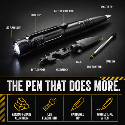 Strikepen Black tactical pen with accessory bits, features labelled