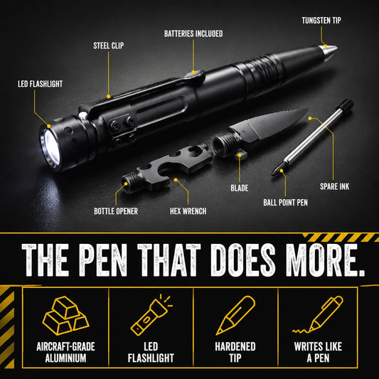 Strikepen Black tactical pen with accessory bits, features labelled