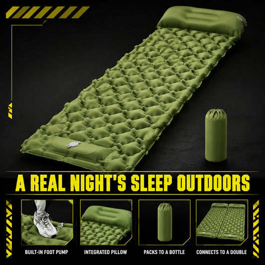 Survival Mattress inflatable pad, features labelled
