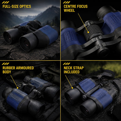 Tacright Binoculars features: full-size optics, centre focus, armoured body, neck strap