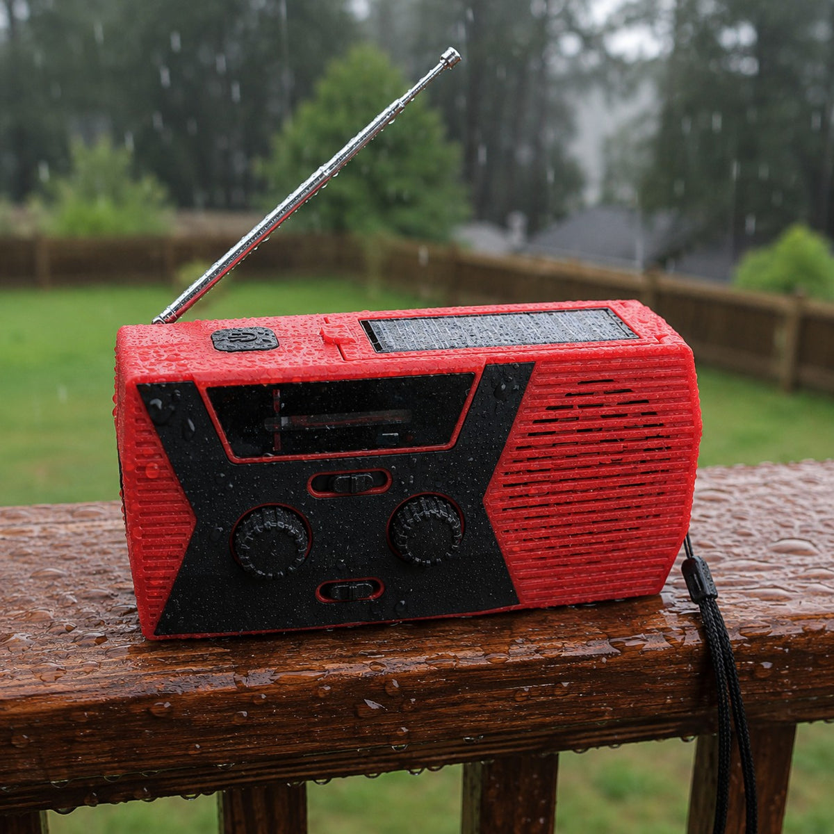 Tacright Emergency Radio beaded with rain on a wet porch rail