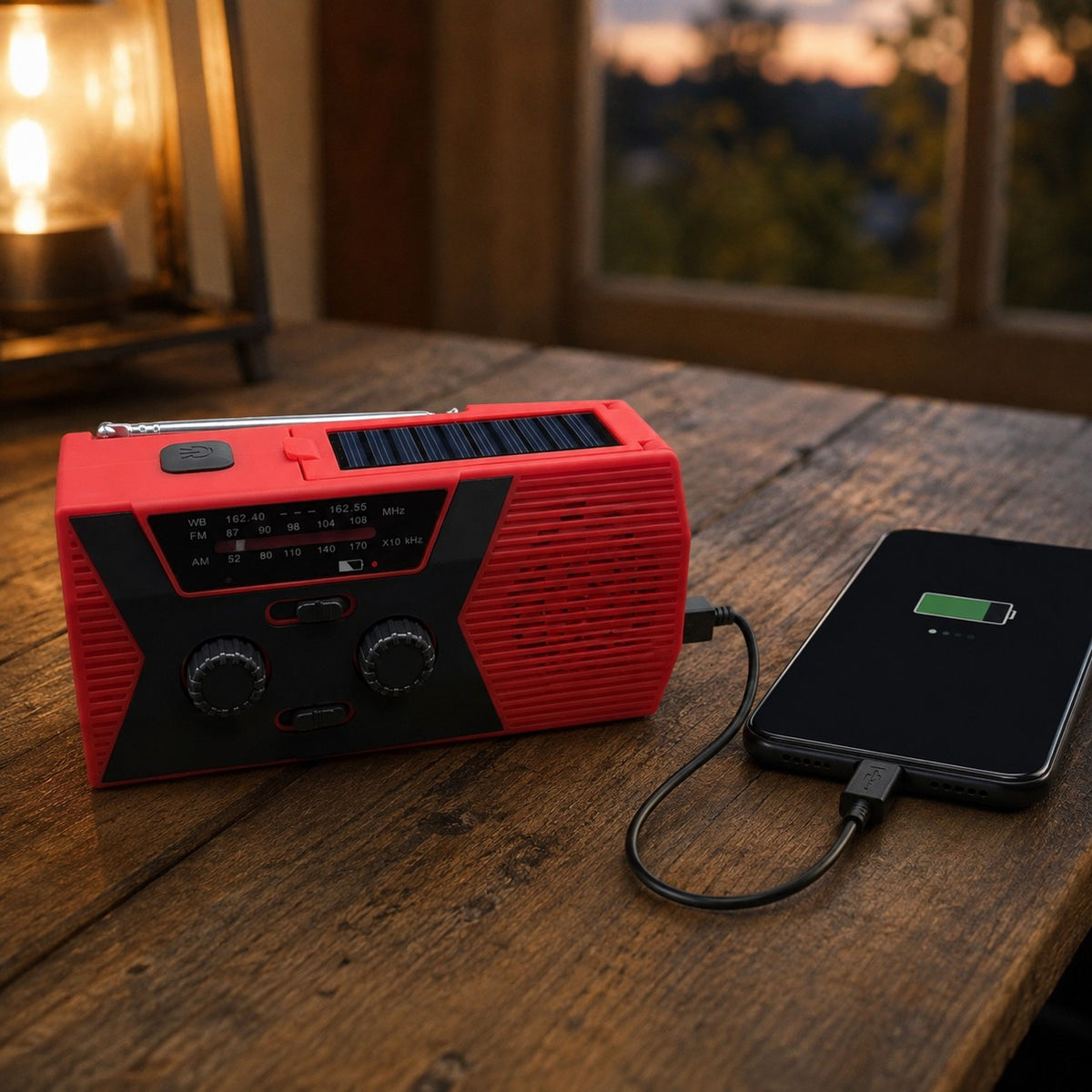 Tacright Emergency Radio charging a phone by USB cable on a wooden table