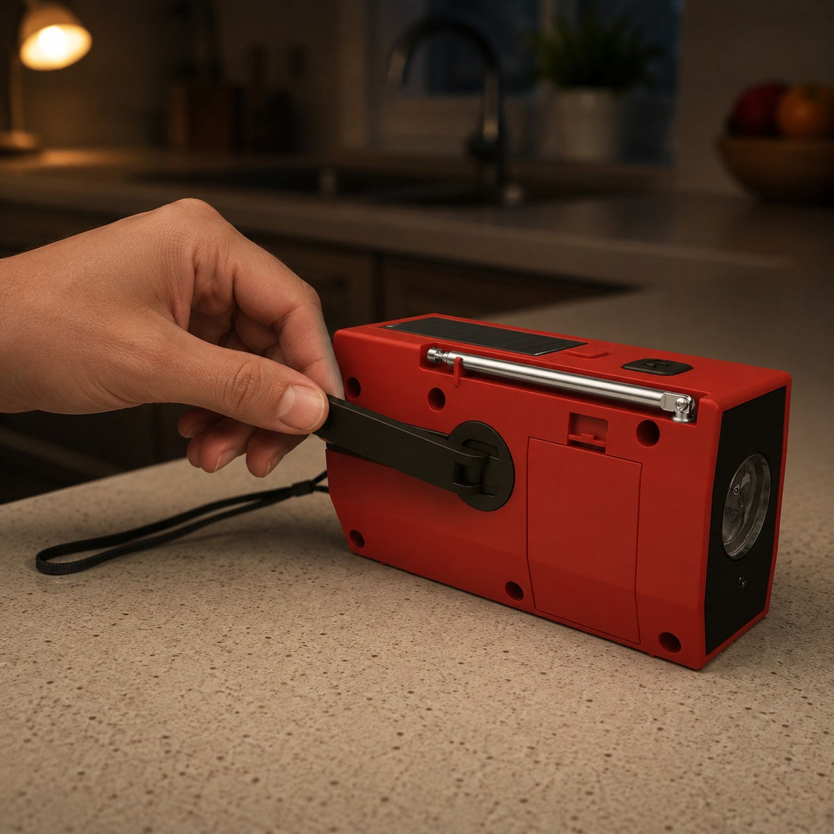 Turning the fold-out hand crank on the Tacright Emergency Radio