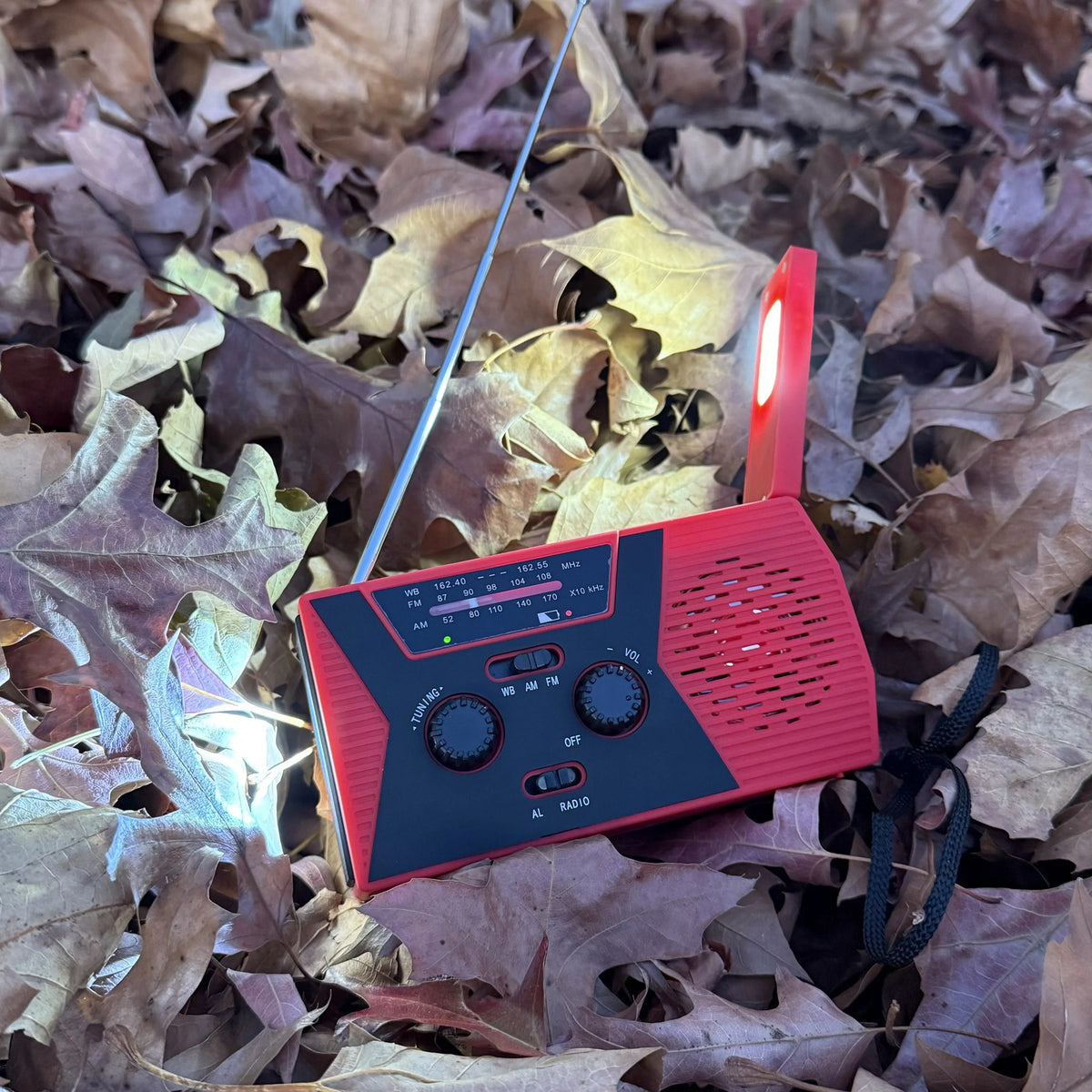 Tacright Emergency Radio on autumn leaves with the reading lamp raised and lit