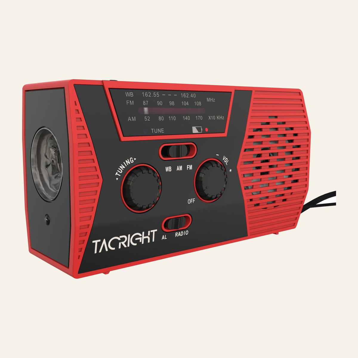 Tacright Emergency Radio front view with the AM, FM and weather band dial