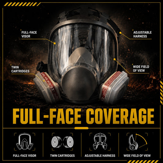 Tacright Gas Mask full-face respirator, features labelled