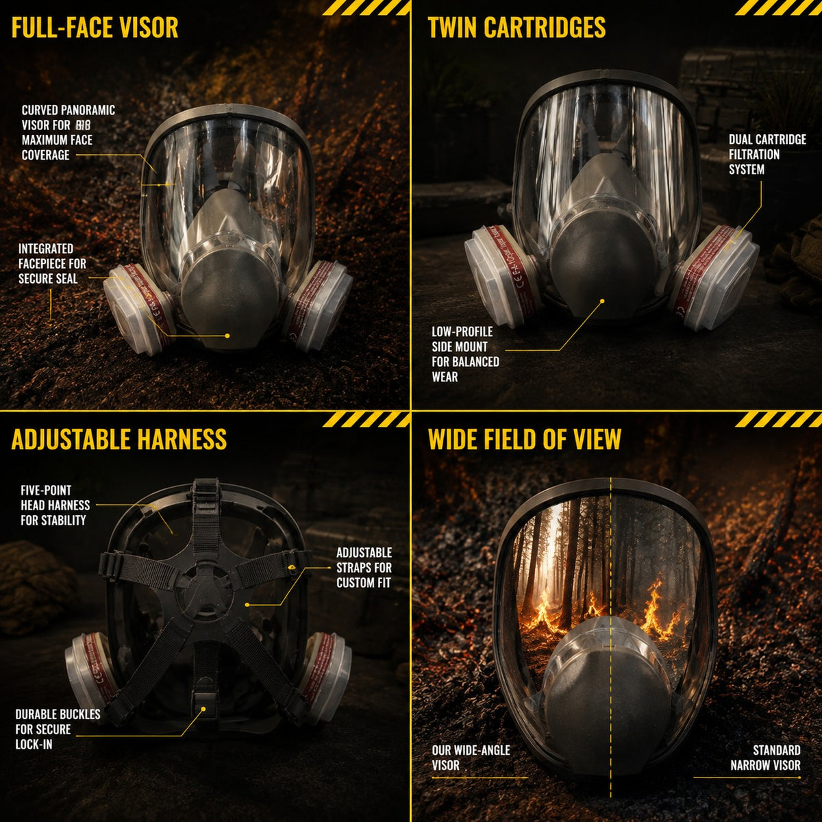 Tacright Gas Mask shown across four settings