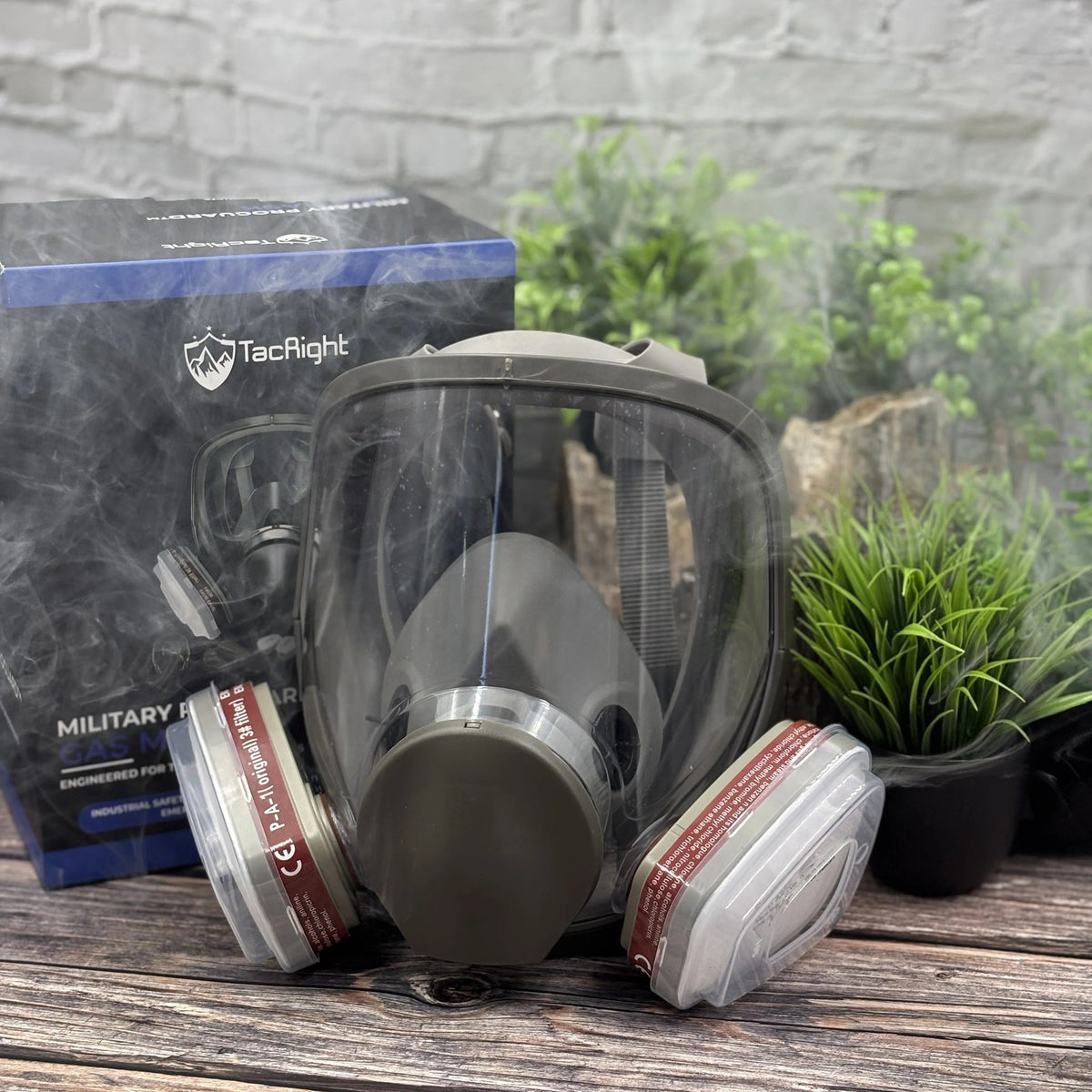Tacright Gas Mask angled view showing the harness