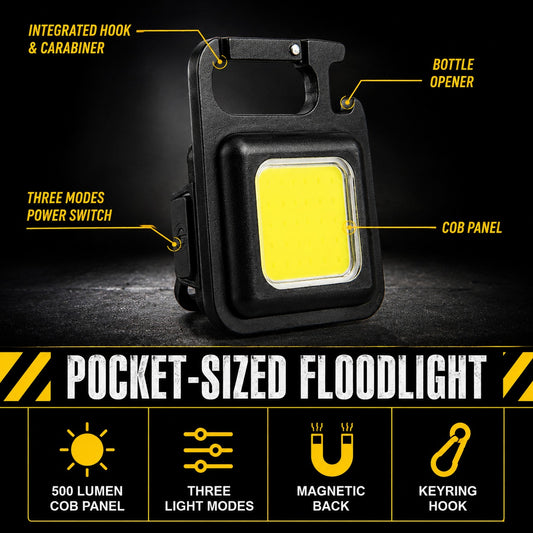 Tacright Keychain Light with COB panel, hook, magnet and bottle opener labelled