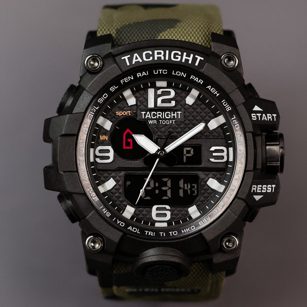 Tacright Military Watch front view, analog hands over the digital window