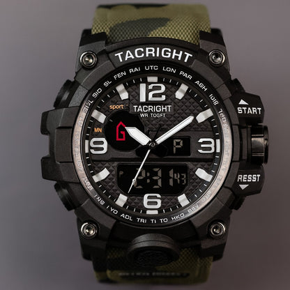 Tacright Military Watch front view, analog hands over the digital window