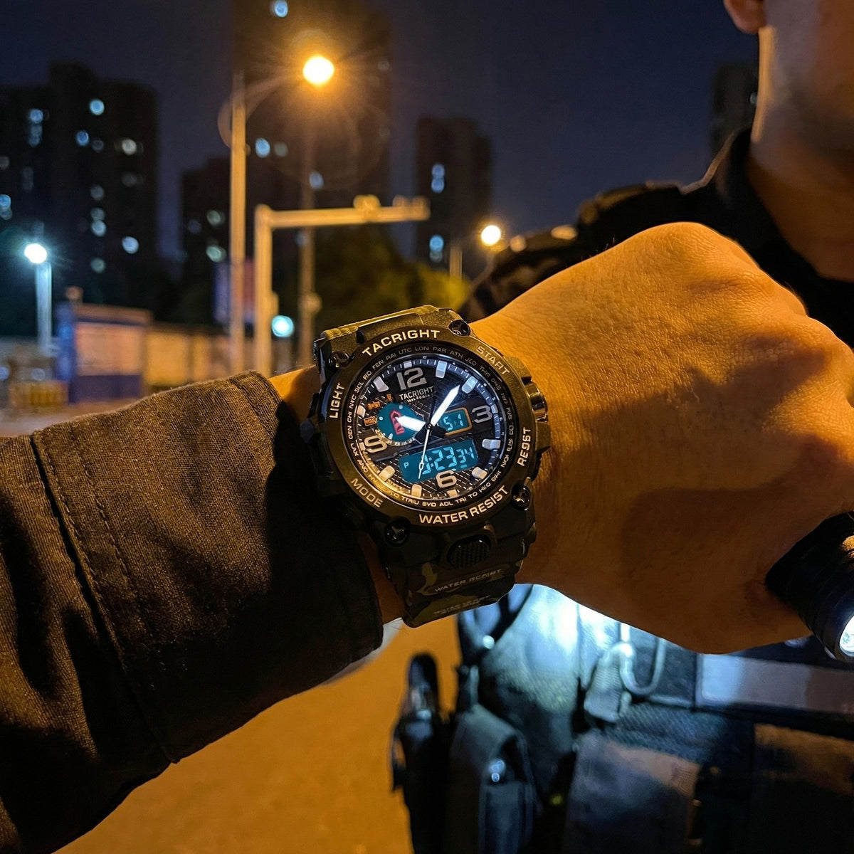 Tacright Military Watch worn at night with the dial lit