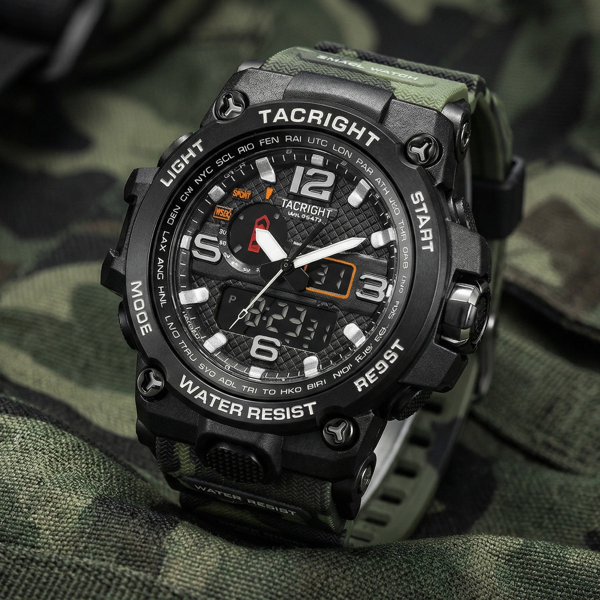 Tacright Military Watch and camouflage rubber strap on camo fabric