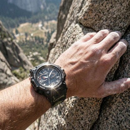 Tacright Military Watch worn while climbing on rock