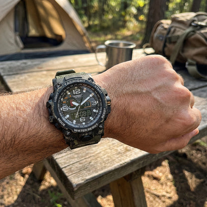 Tacright Military Watch worn at a campsite beside a tent and pack